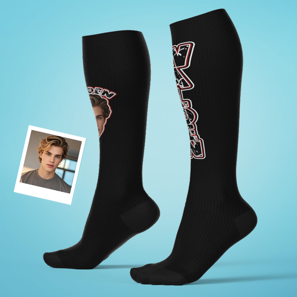 Custom Athletic Knee High Socks Blue High Socks Personalized Compression Socks Face and Text Knee High Socks 