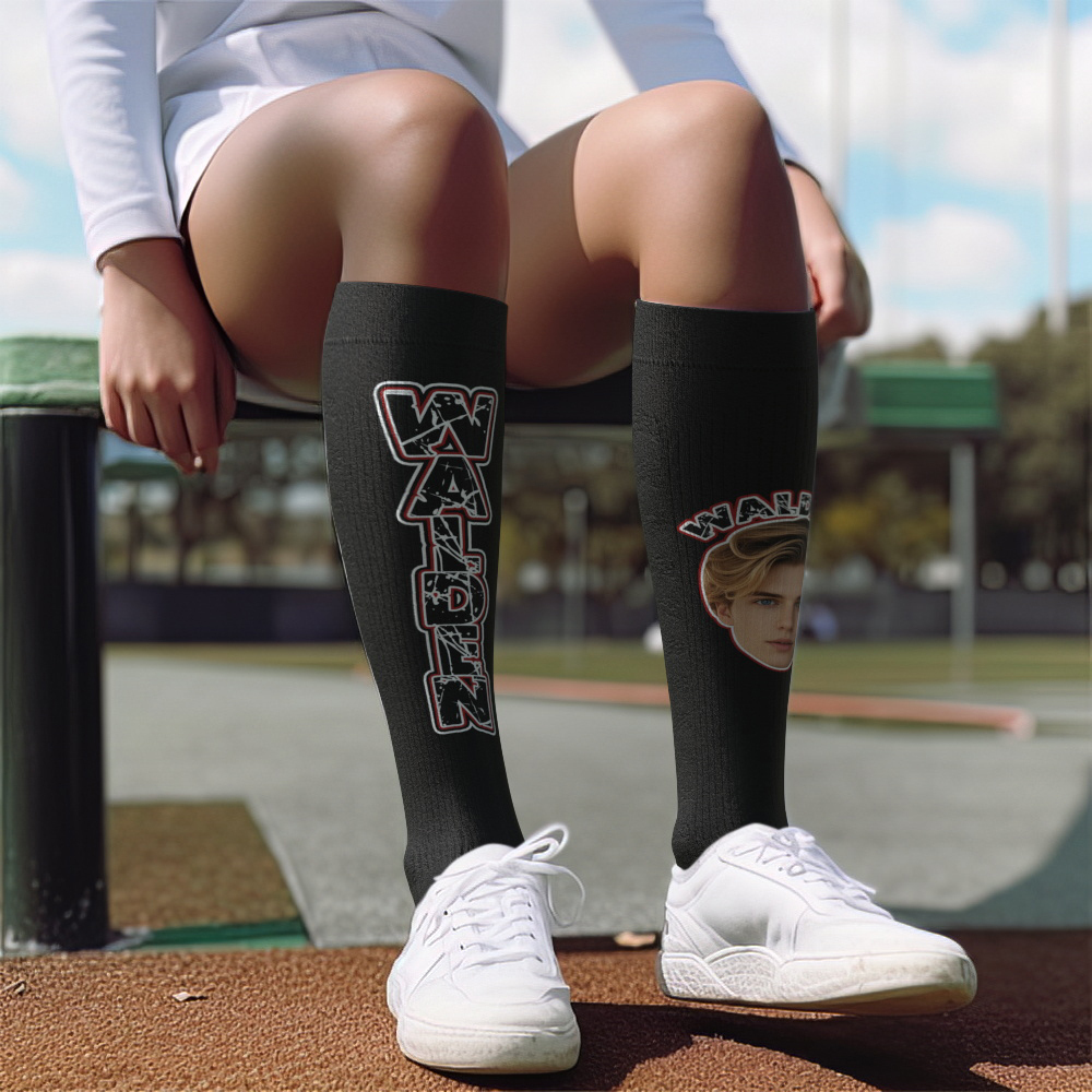 Custom Athletic Knee High Socks Blue High Socks Personalized Compression Socks Face and Text Knee High Socks