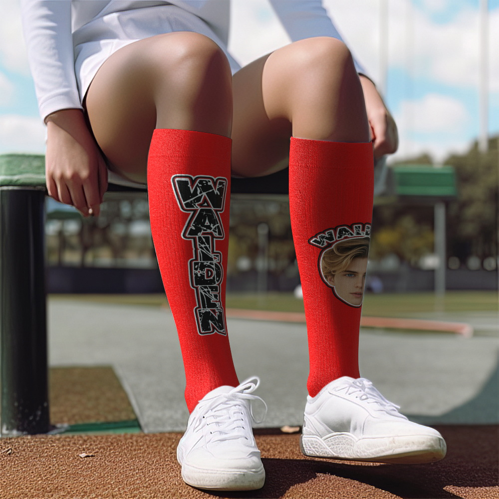 Custom Athletic Knee High Socks Blue High Socks Personalized Compression Socks Face and Text Knee High Socks 