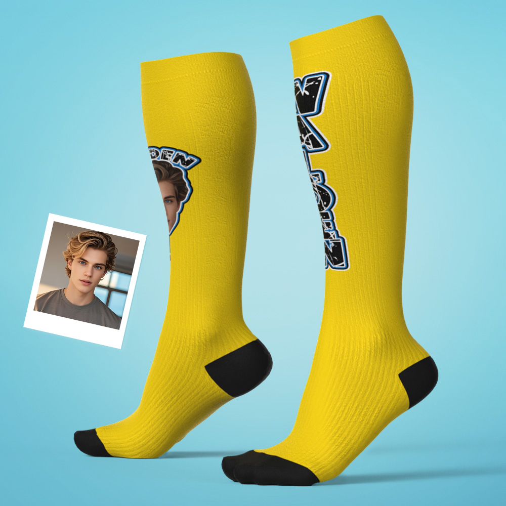 Custom Athletic Knee High Socks Blue High Socks Personalized Compression Socks Face and Text Knee High Socks