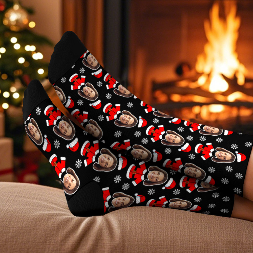 Custom Face Santa Cute Multicolor Socks Personalized Christmas Photo Socks Funny Holiday Gift for Family & Friends