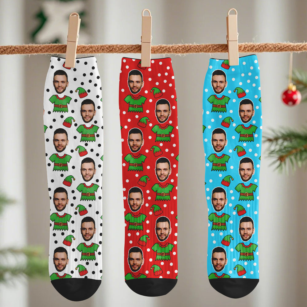 Custom Elf Face Socks Personalized Christmas Photo Socks Funny Holiday Gift for Family & Friends