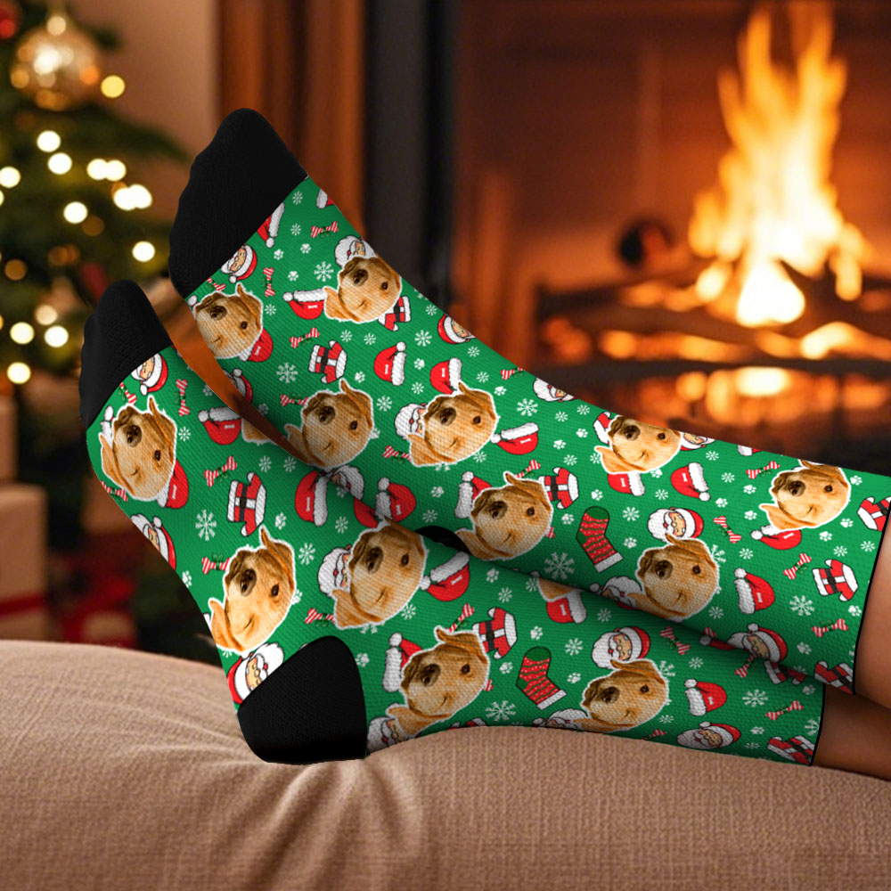 Custom Pet Face Socks Santa Multicolor Socks Personalized Christmas Photo Socks Funny Holiday Gift for Family & Friends
