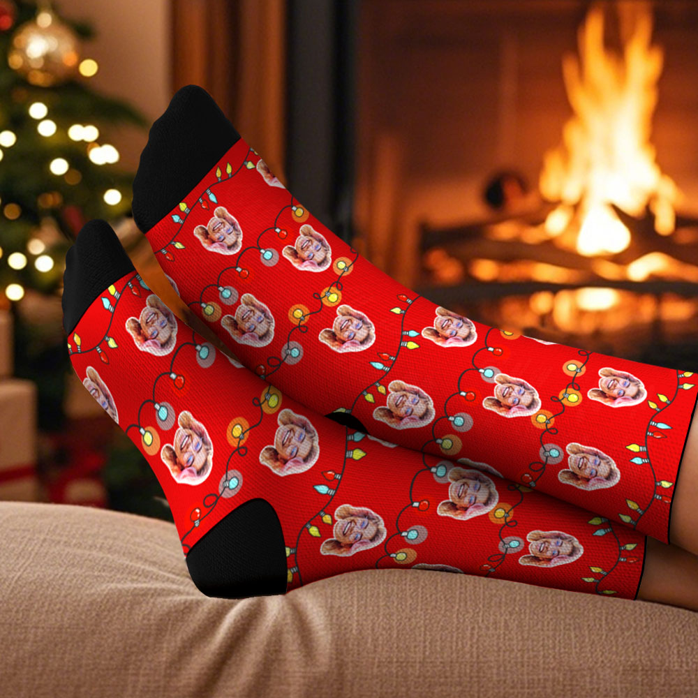 Custom Face Socks Christmas Lights Multicolor Socks Personalized Christmas Photo Socks Funny Holiday Gift for Family & Friends