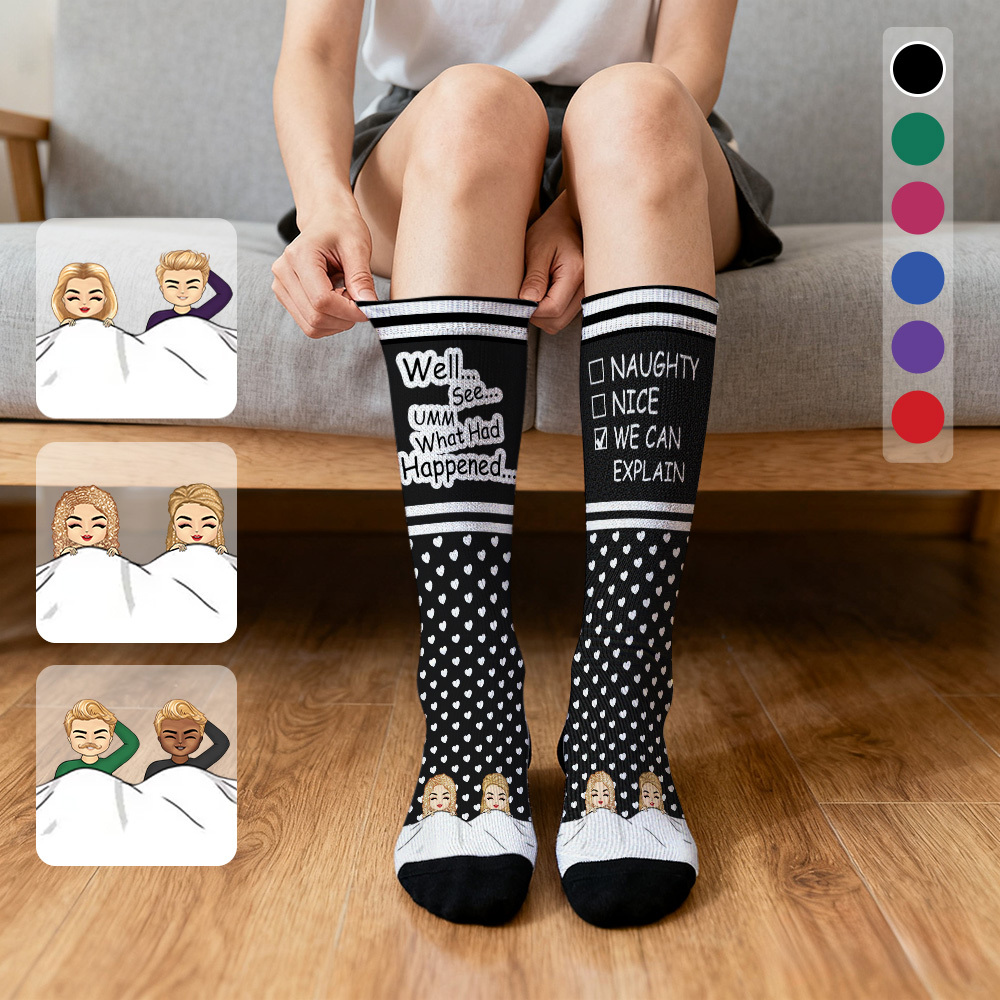 Custom Face Compression Socks Personalized Knee High Socks Pink Cartoon Socks We Can Explain Gift For Couple Lover Valentine's Day Gift - SantaSocks