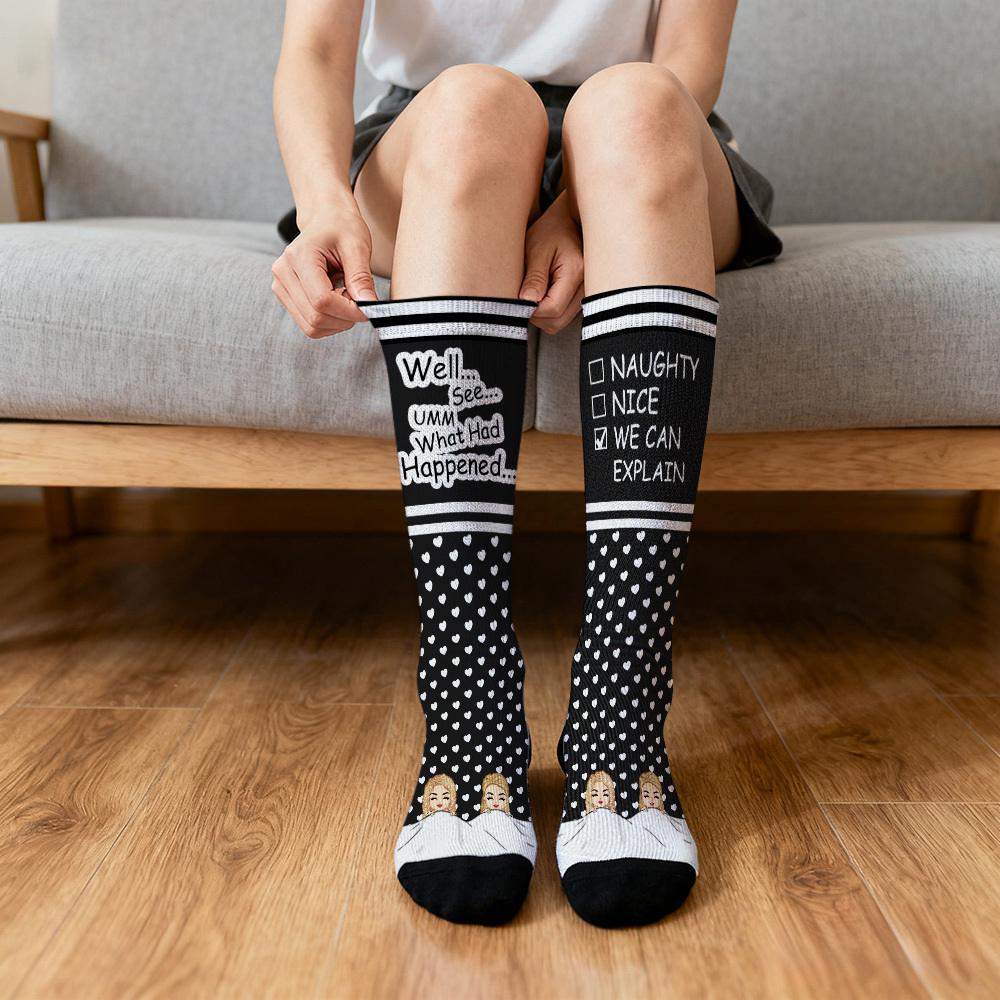 Custom Face Compression Socks Personalized Knee High Socks Pink Cartoon Socks We Can Explain Gift For Couple Lover Valentine's Day Gift - SantaSocks