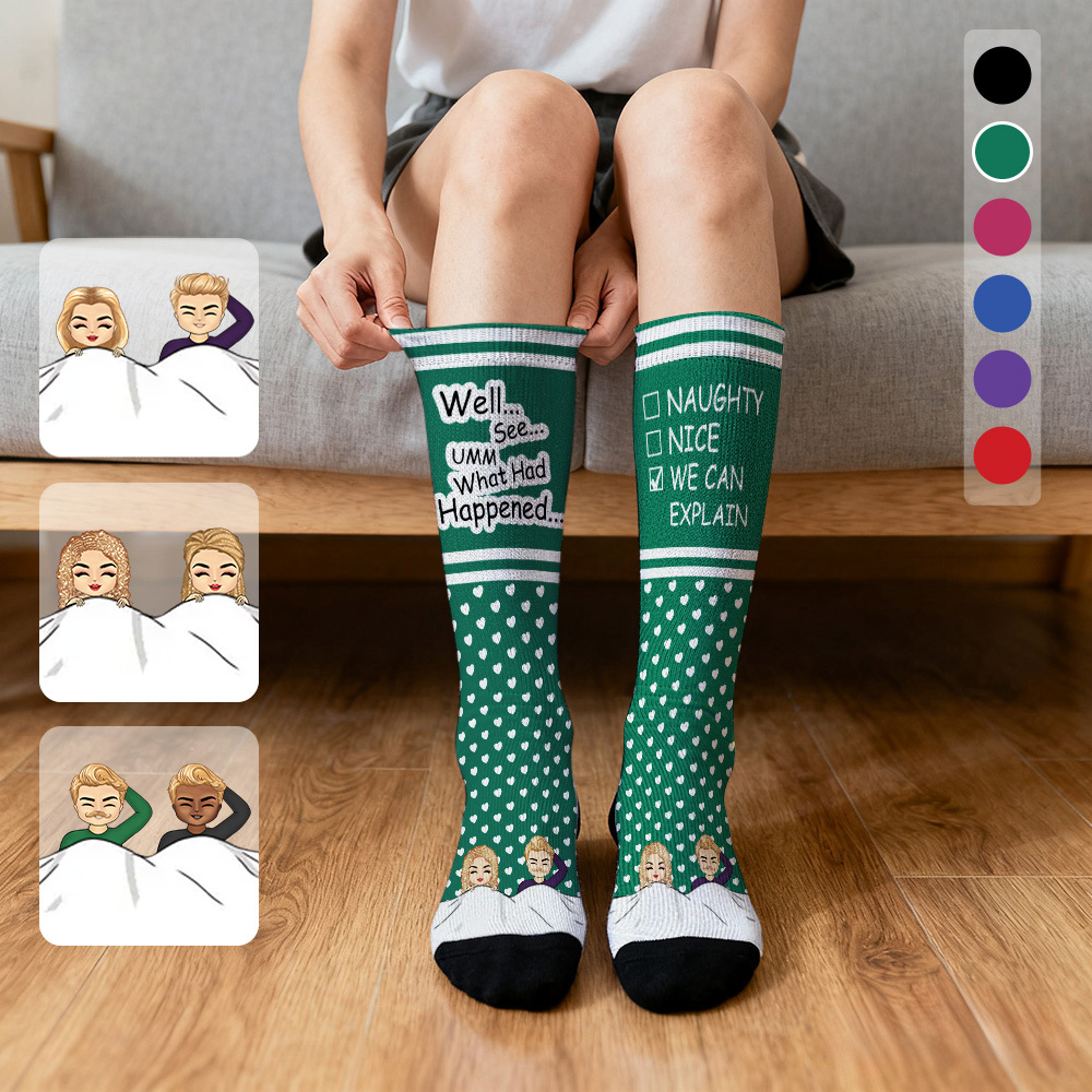 Custom Face Compression Socks Personalized Knee High Socks Pink Cartoon Socks We Can Explain Gift For Couple Lover Valentine's Day Gift - SantaSocks