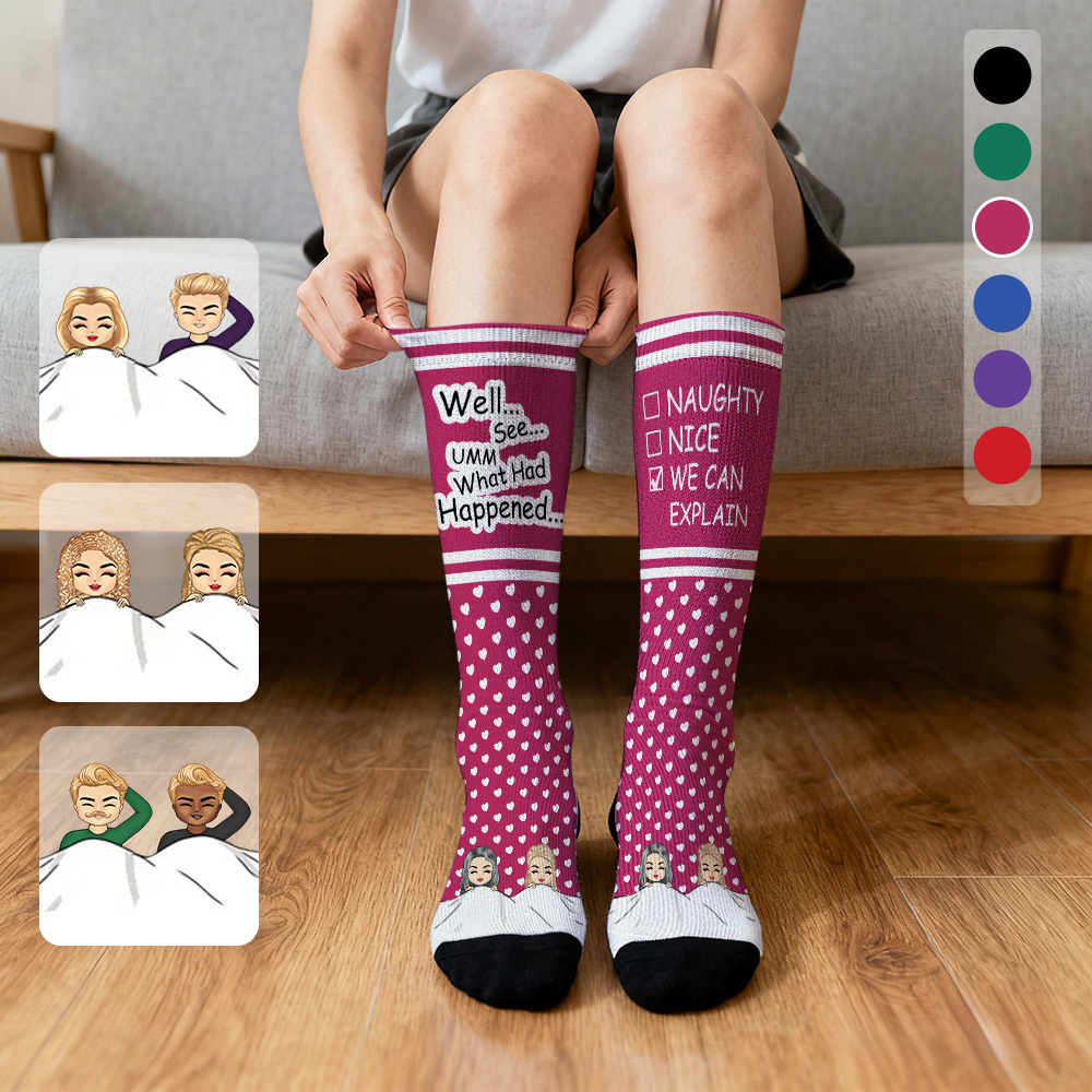 Custom Face Compression Socks Personalized Knee High Socks Pink Cartoon Socks We Can Explain Gift For Couple Lover Valentine's Day Gift - SantaSocks
