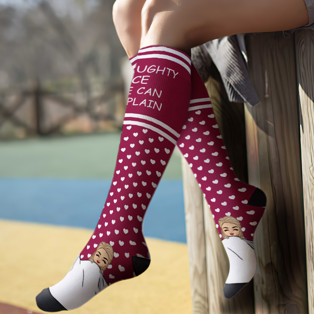 Custom Face Compression Socks Personalized Knee High Socks Pink Cartoon Socks We Can Explain Gift For Couple Lover Valentine's Day Gift - SantaSocks