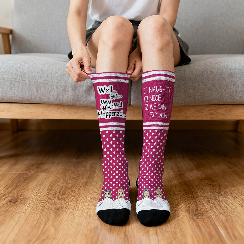 Custom Face Compression Socks Personalized Knee High Socks Pink Cartoon Socks We Can Explain Gift For Couple Lover Valentine's Day Gift - SantaSocks
