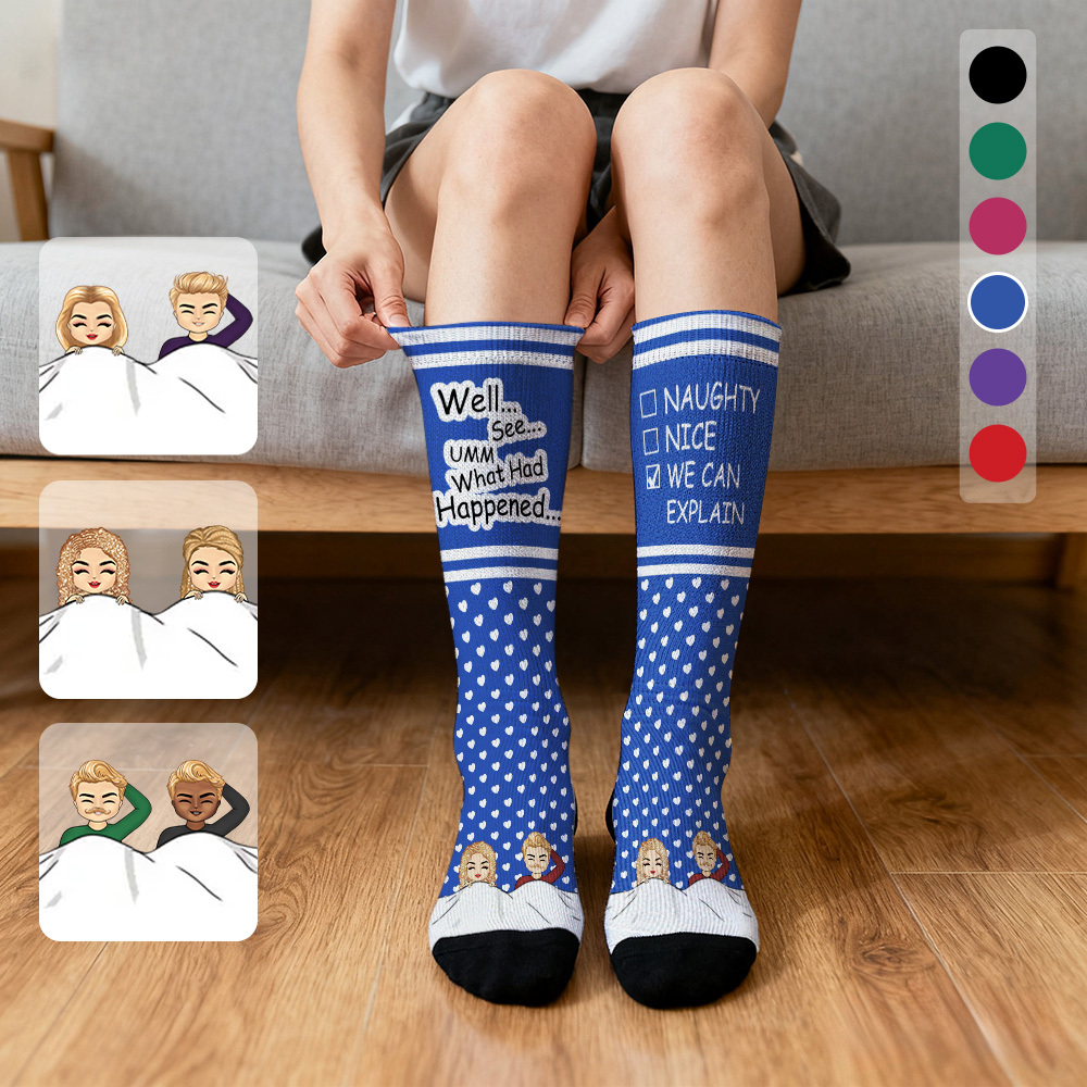 Custom Face Compression Socks Personalized Knee High Socks Pink Cartoon Socks We Can Explain Gift For Couple Lover Valentine's Day Gift - SantaSocks