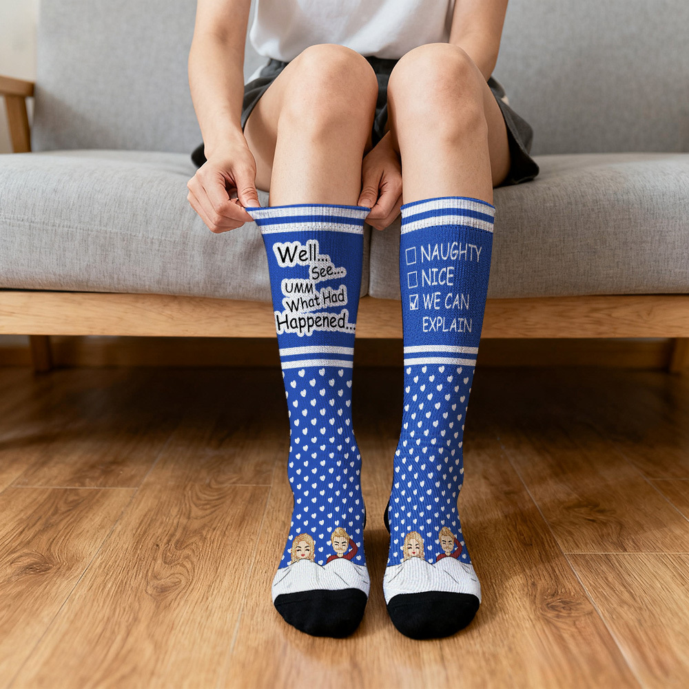 Custom Face Compression Socks Personalized Knee High Socks Pink Cartoon Socks We Can Explain Gift For Couple Lover Valentine's Day Gift - SantaSocks