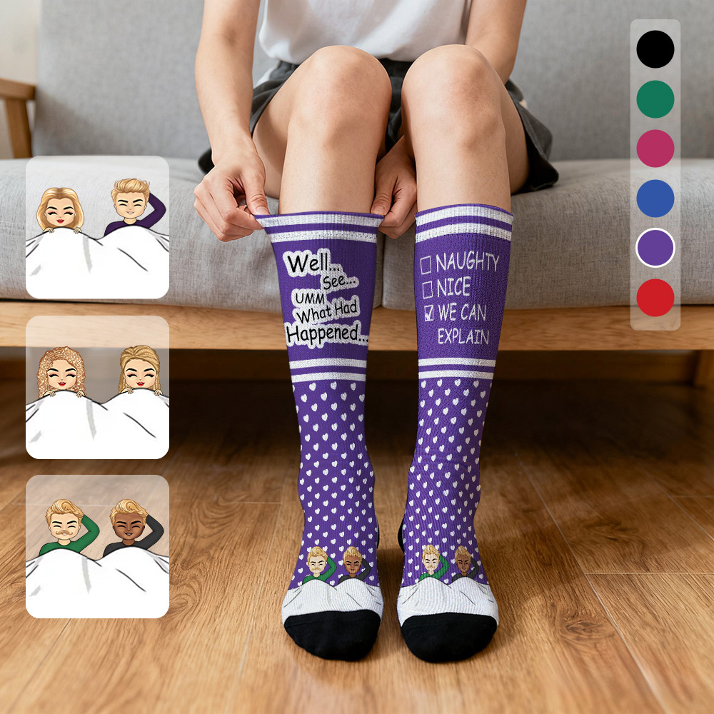 Custom Face Compression Socks Personalized Knee High Socks Pink Cartoon Socks We Can Explain Gift For Couple Lover Valentine's Day Gift - SantaSocks