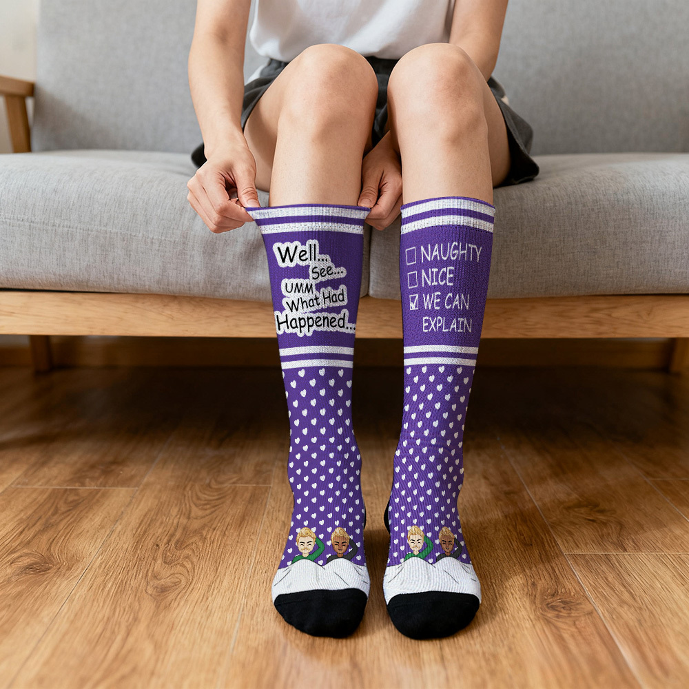 Custom Face Compression Socks Personalized Knee High Socks Pink Cartoon Socks We Can Explain Gift For Couple Lover Valentine's Day Gift - SantaSocks