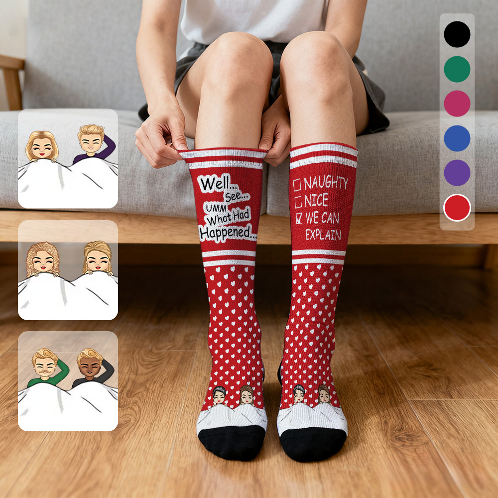 Custom Face Compression Socks Personalized Knee High Socks Pink Cartoon Socks We Can Explain Gift For Couple Lover Valentine's Day Gift - SantaSocks