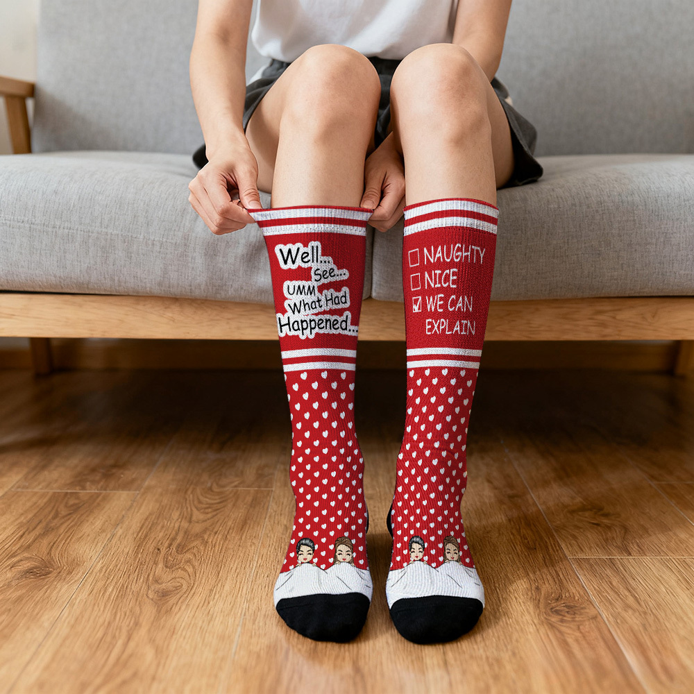 Custom Face Compression Socks Personalized Knee High Socks Pink Cartoon Socks We Can Explain Gift For Couple Lover Valentine's Day Gift - SantaSocks
