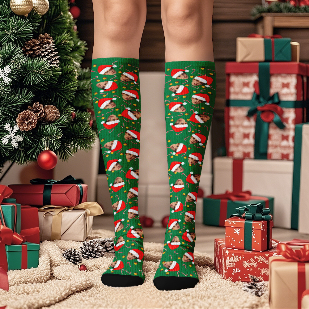 Merry Christmas Socks Custom Face Festive Knee High Socks for Holiday Outfit or Gift - SantaSocks