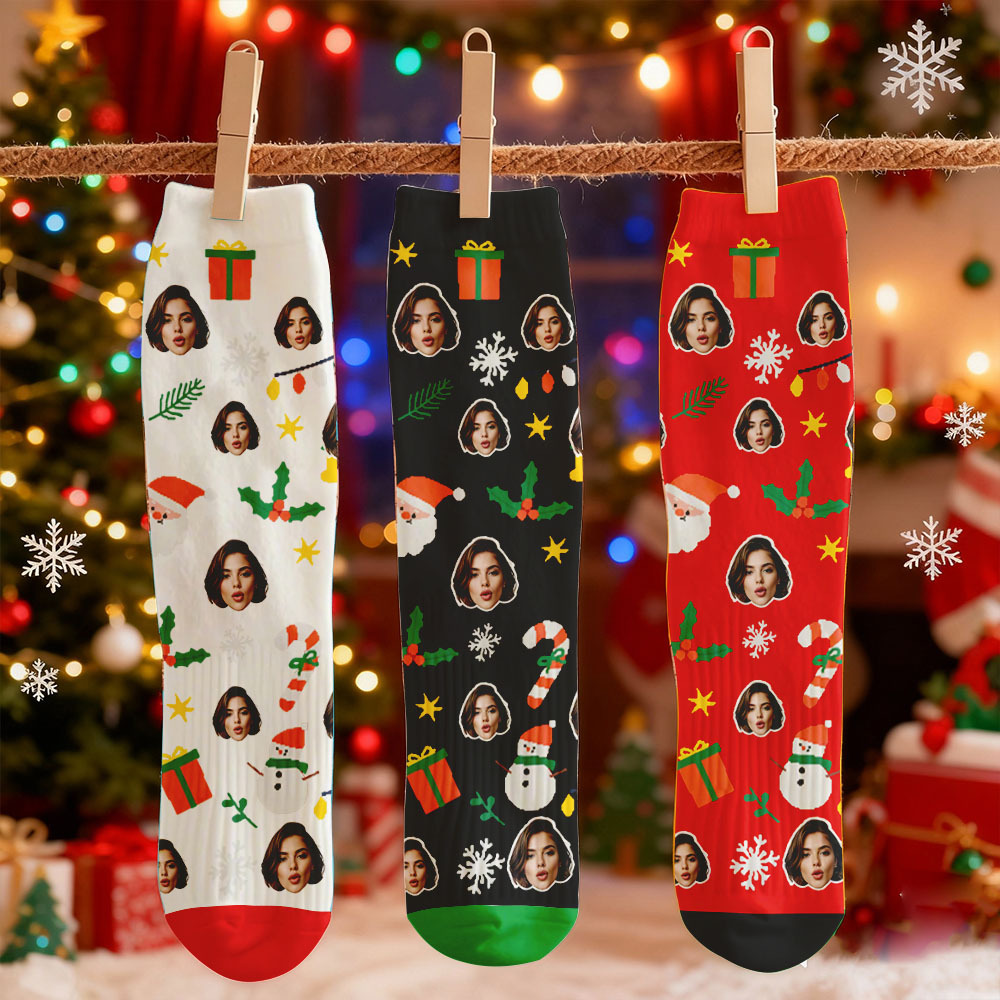 Custom Face Printed Socks Christmas Gift Snowman Pattern Personalized Custom Designs Best Santa Gift Idea - SantaSocks