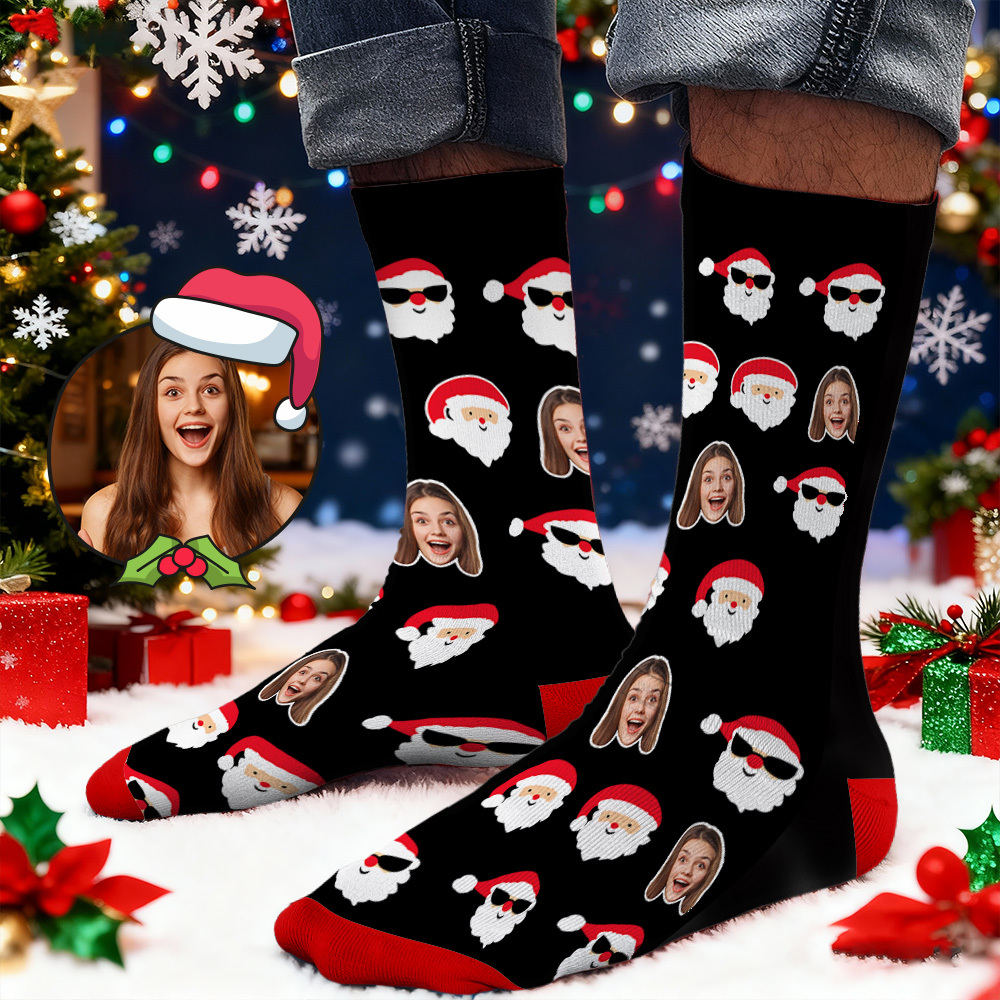 Custom Face Printed Socks Santa Claus in Sunglasses Face Socks Personalized Custom Designs Best Santa Gift Idea - SantaSocks