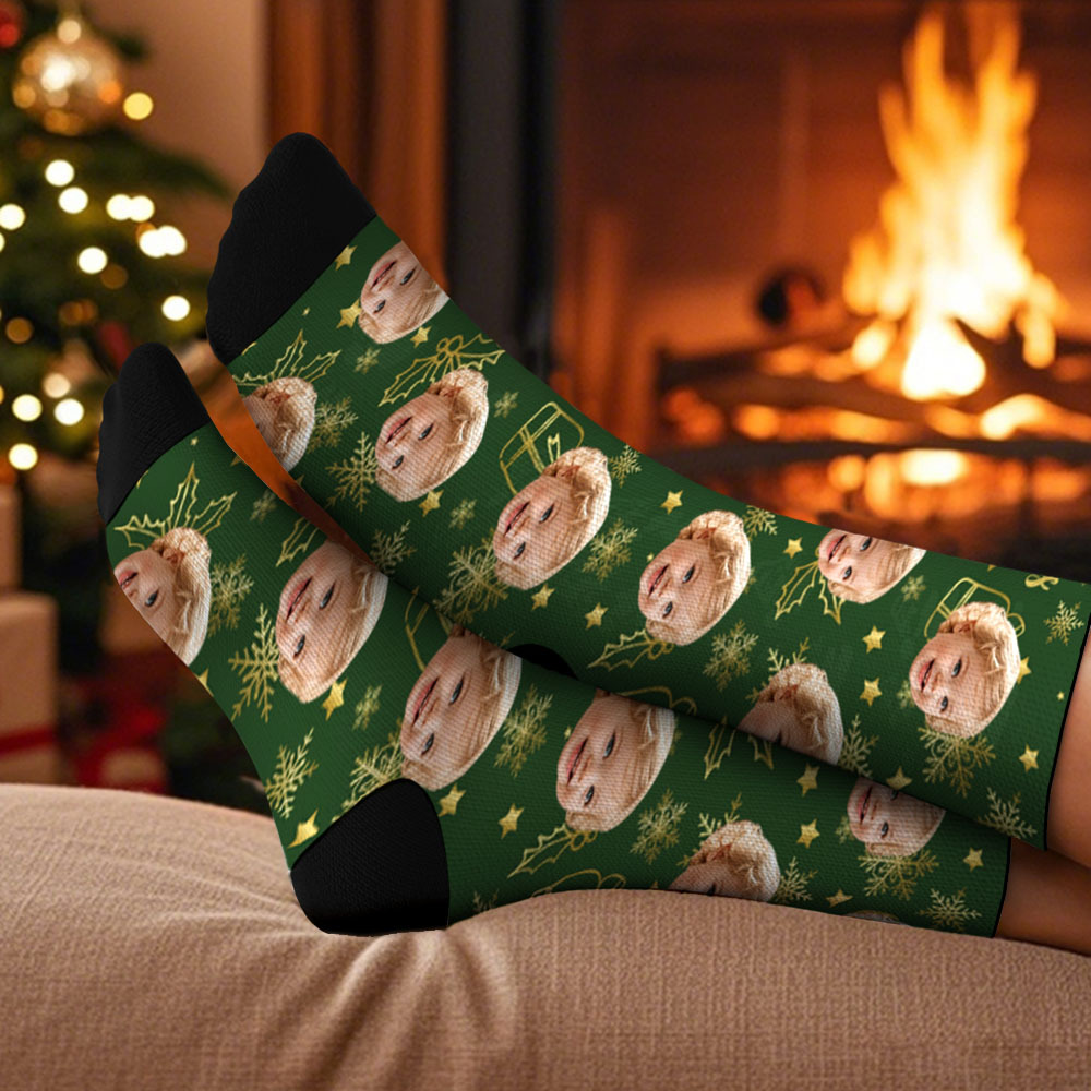 Custom Face Christmas Socks Cute Green Family Photo Santa Sokcs Personalized Photo Xmas Socks Gift - SantaSocks