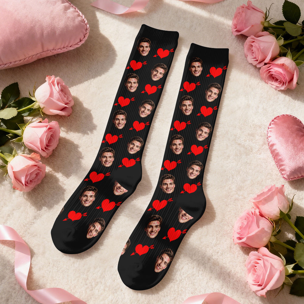 Custom Face Compression Socks Personalized Knee-High Socks with Photo Heart Face Gift for Him Her - SantaSocks
