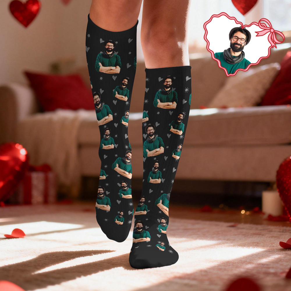 Custom Face Compression Socks Personalized Knee-High Socks with Photo Heart Face Gift for Him Her - SantaSocks