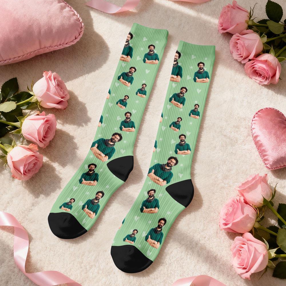 Custom Face Compression Socks Personalized Knee-High Socks with Photo Heart Face Gift for Him Her - SantaSocks