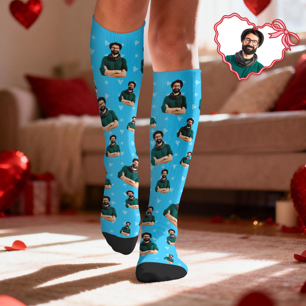 Custom Face Compression Socks Personalized Knee-High Socks with Photo Heart Face Gift for Him Her - SantaSocks
