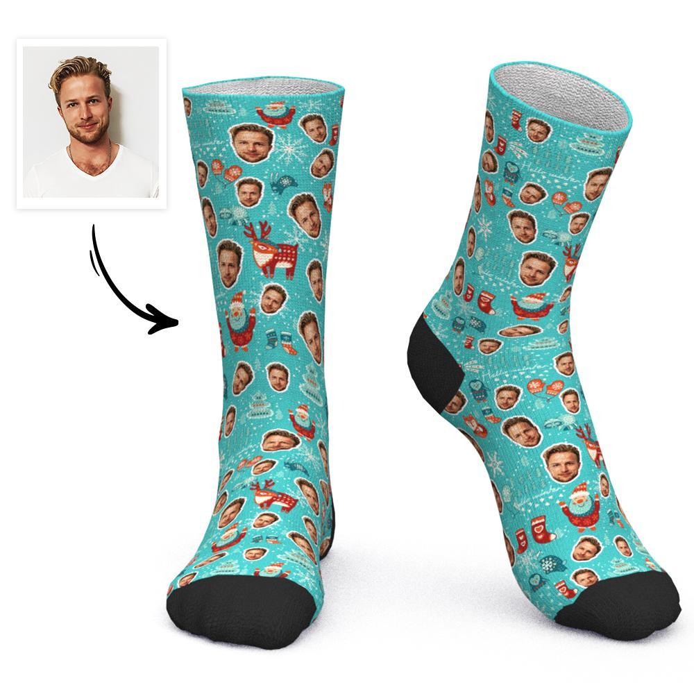 Custom Face Socks Personalized Photo Socks Christmas Gift Green Santa Socks - Elk