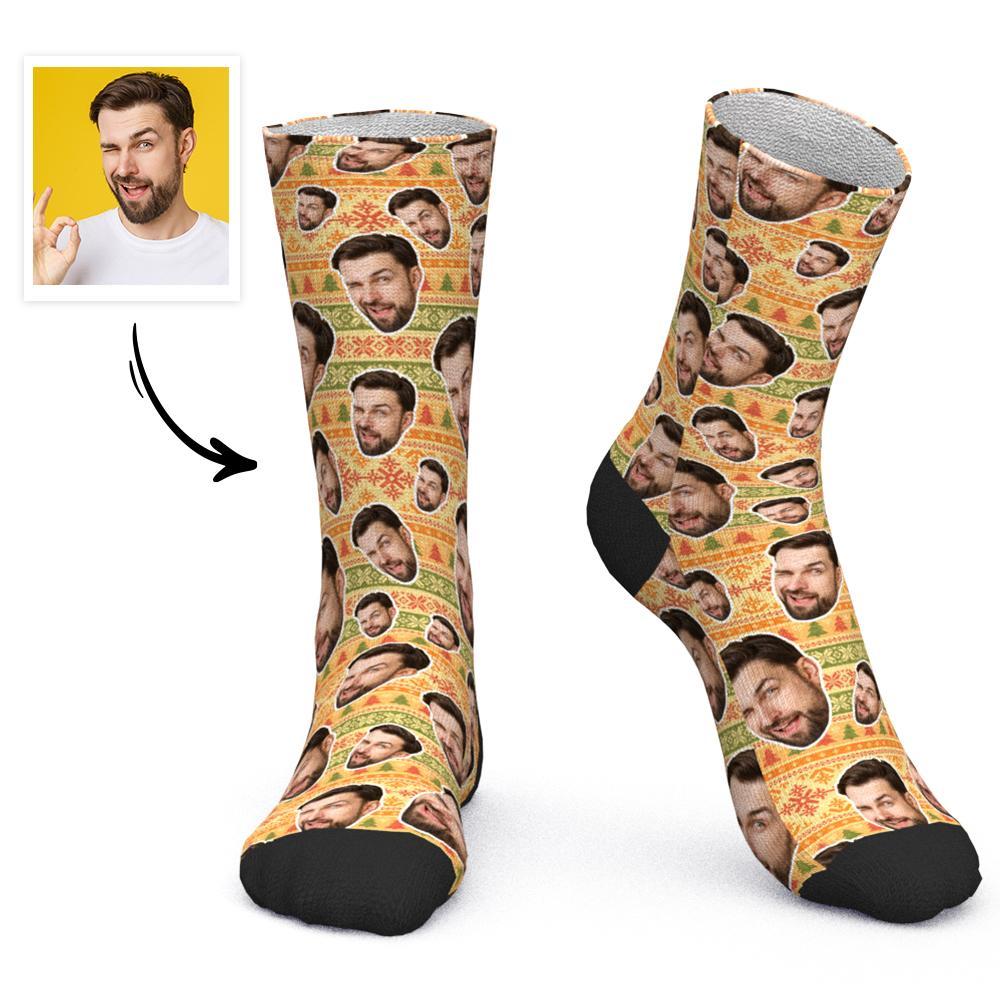 Custom Face Socks Personalized Photo Socks Christmas Gift Yellow Santa Socks - Snowflake