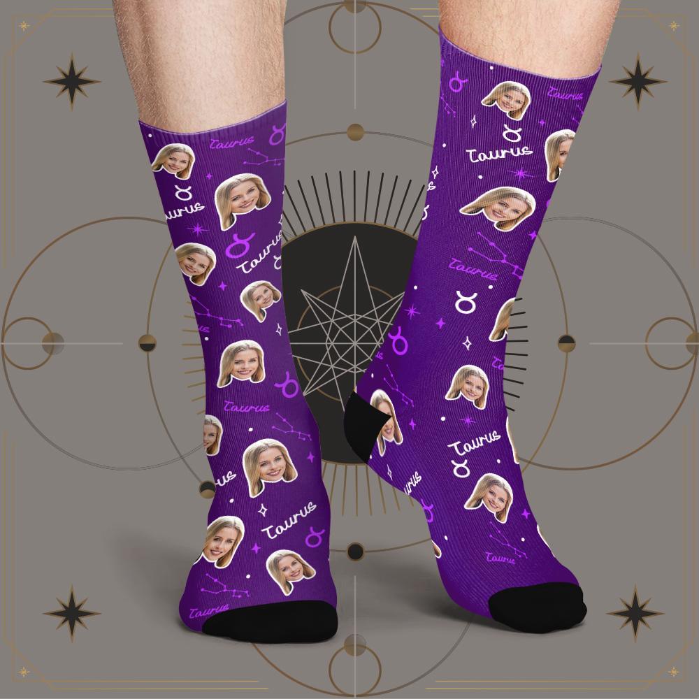 Custom Taurus Lucky Socks Personalized Face Exclusive Constellation Lucky Socks