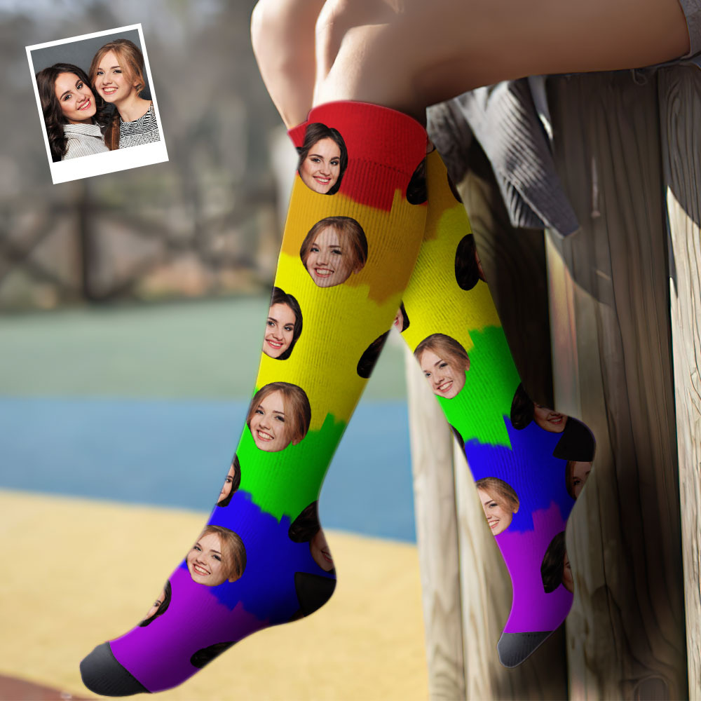 Custom Knee High Face Socks Summer Socks Add Pictures And Name - LGBT Tie Dye