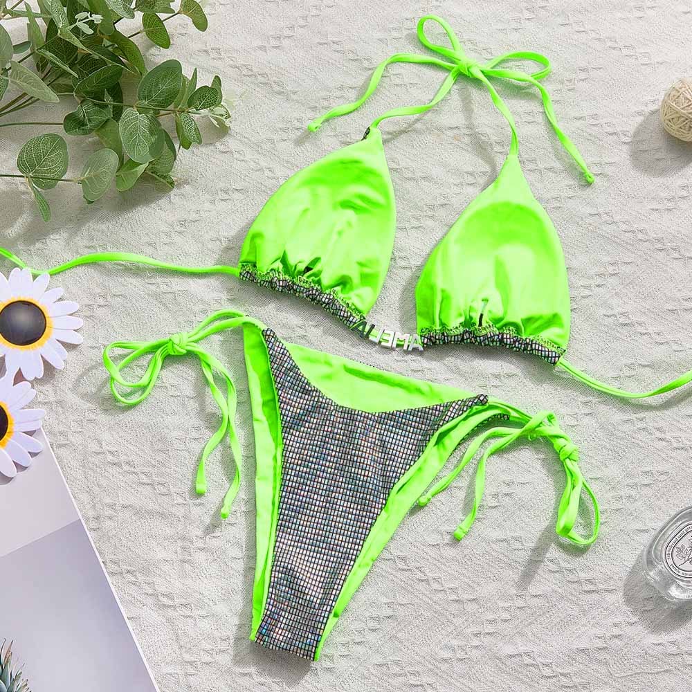 Custom Name Triangle Halter Bikini Sets Personalized Sexy DIY Crystal Letters Bling Bling Bikini - SantaSocks