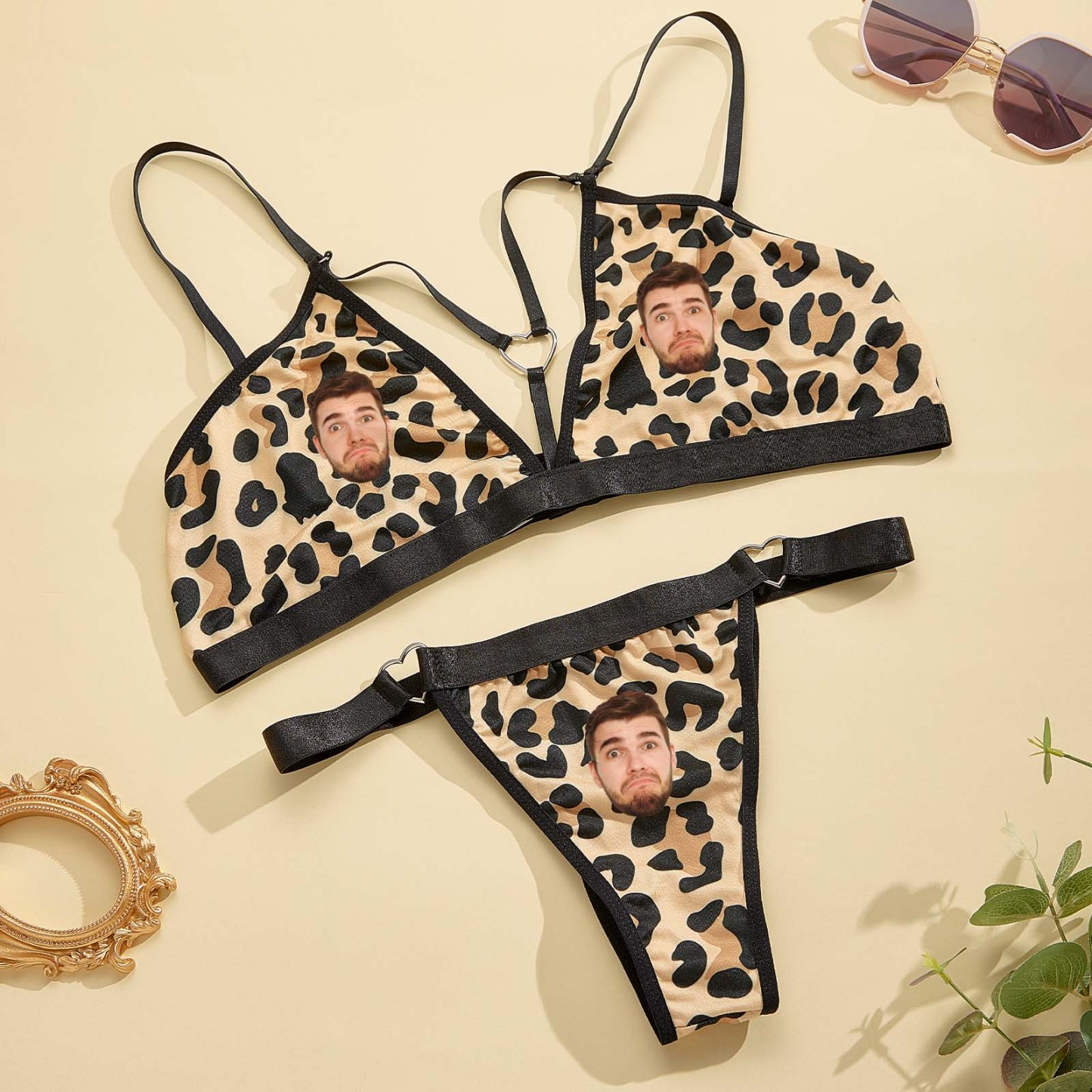 Custom Name and Face Leopard Bikini Sets DIY Personalized Crystal Letters Sexy Swimsuit Sets - SantaSocks