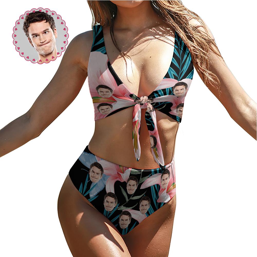 Custom Face Bikini Women's Chest Strap Bathing Suit Personalized Photo Bikini Anniversary Gift - Pink Lily