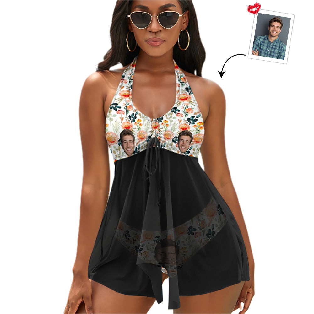 Custom Face Boyfriend Women's Strappy Neck Dress Swimsuit - Flower and Leaf