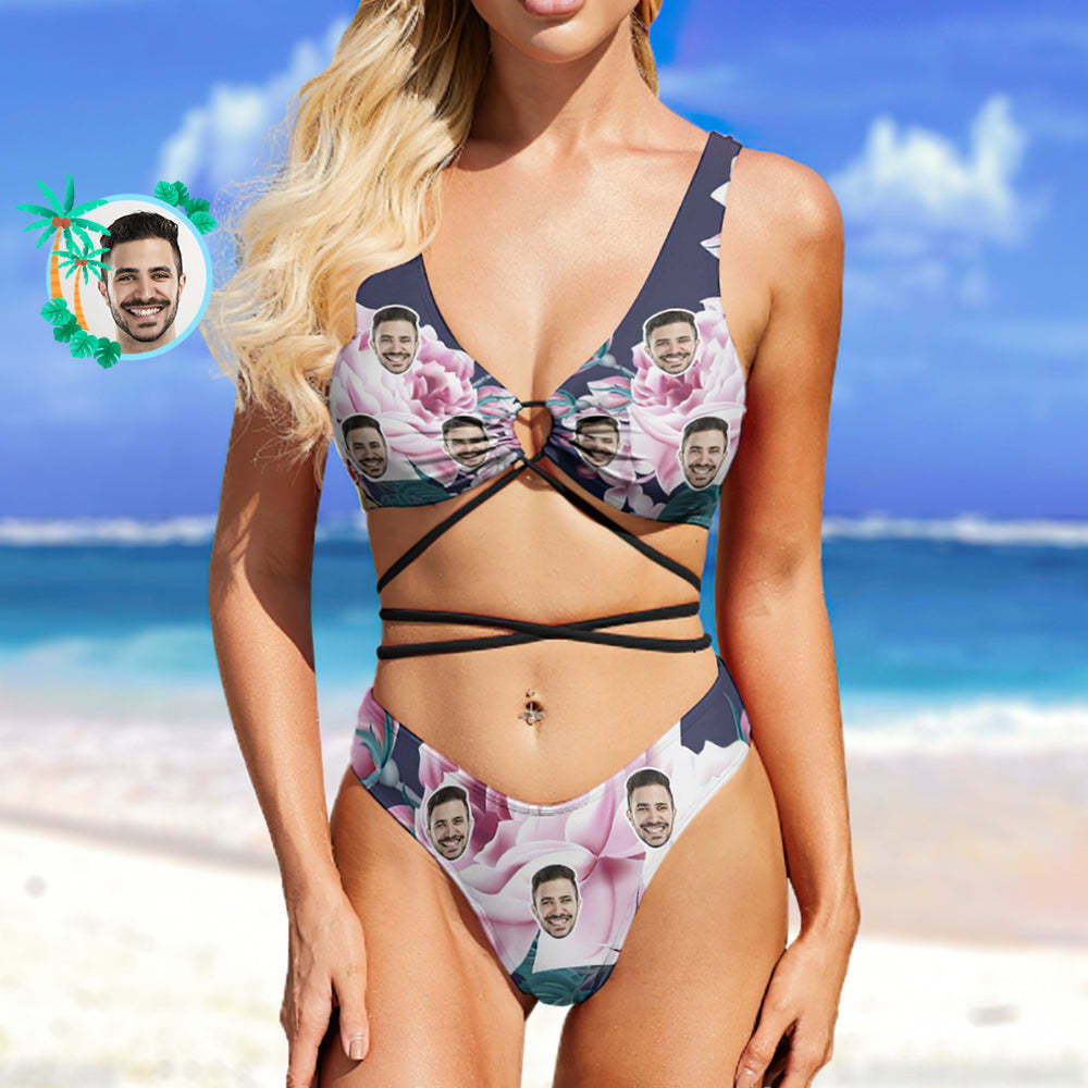 Custom Face Bikini Swimming Costume Women's Chest Strap Bathing Suit Personalized Photo Bikini Hawaiian Style Sexy Gift