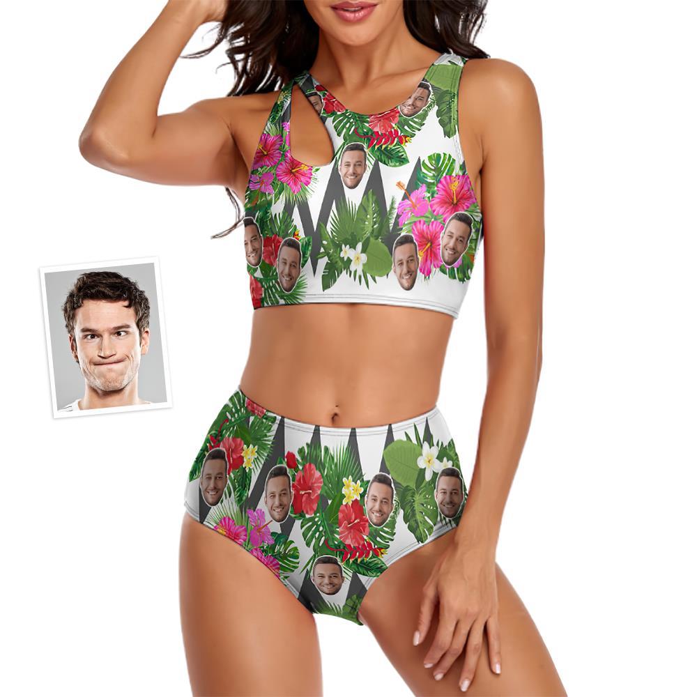 Custom Face Women's Flowers Ripple Two-piece Swimsuit