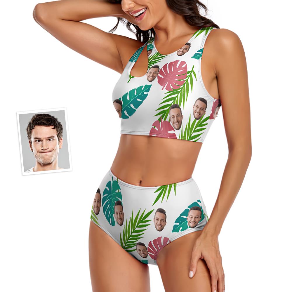 Custom Face Women's Leaves Two-piece Swimsuit Personalized Gifts for Her