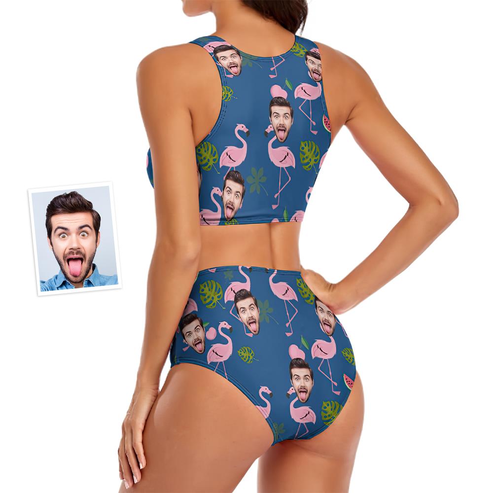 Custom Face Women's Pink Flamingo Pattern Two-piece Swimsuit