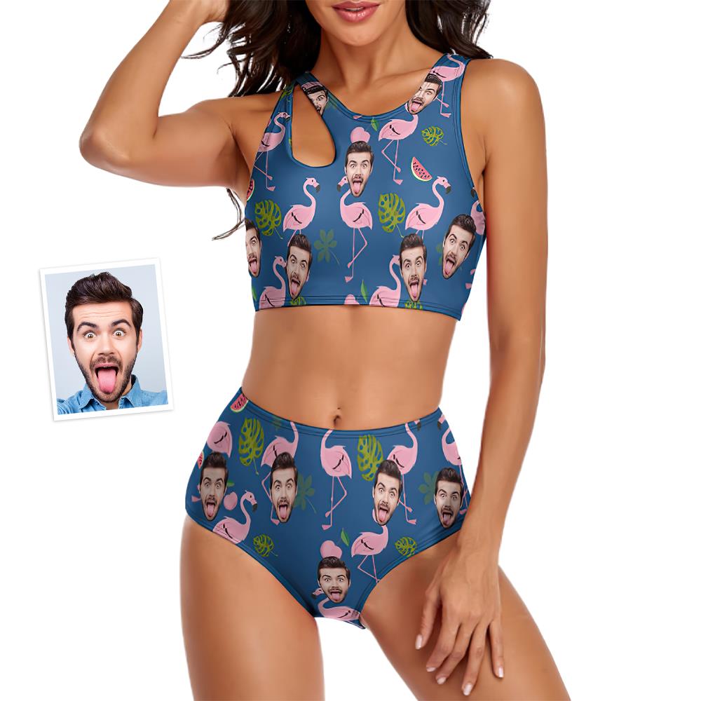 Custom Face Women's Pink Flamingo Pattern Two-piece Swimsuit