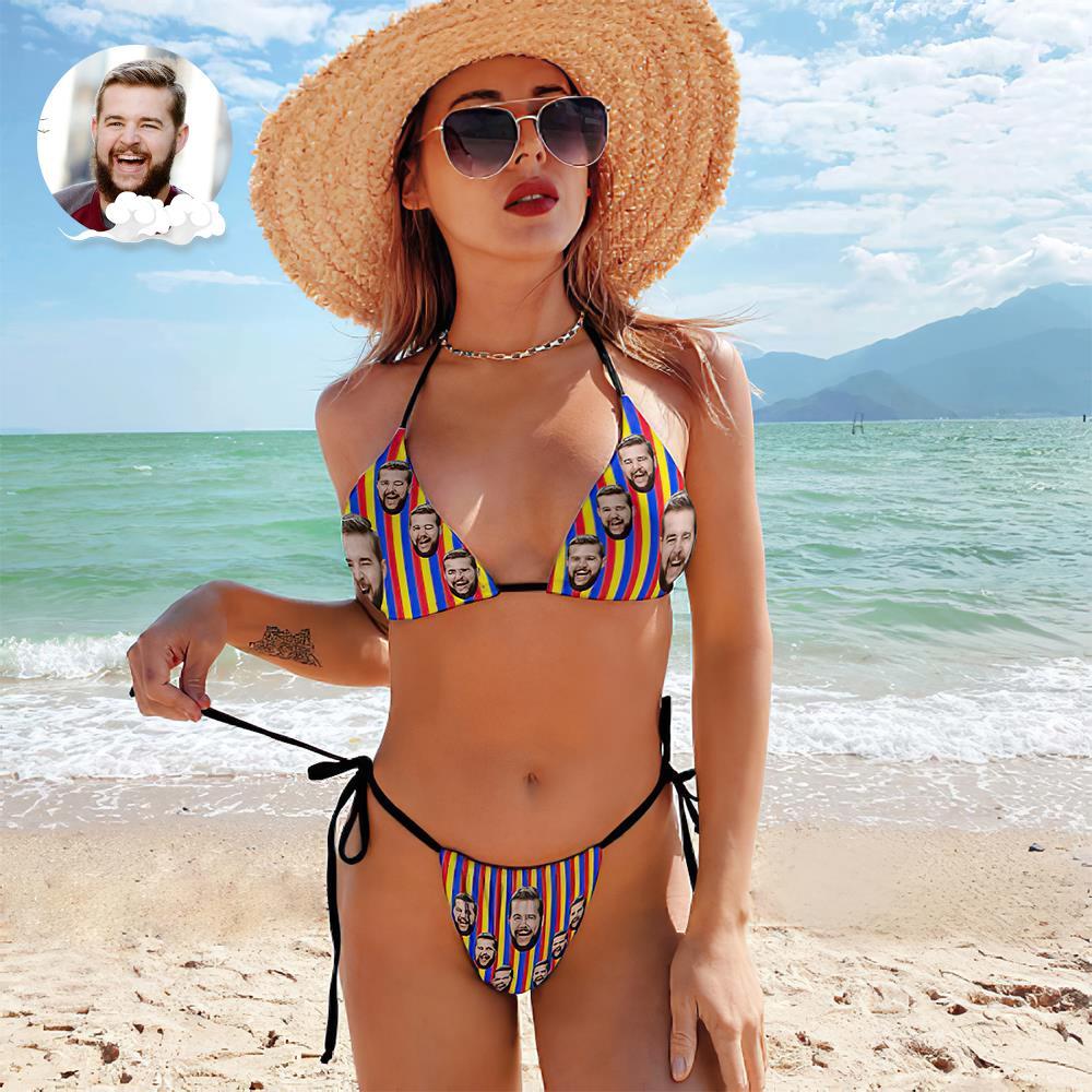 Custom Face Swimming Suit Sexy Strappy Bikini Rainbow Stripes