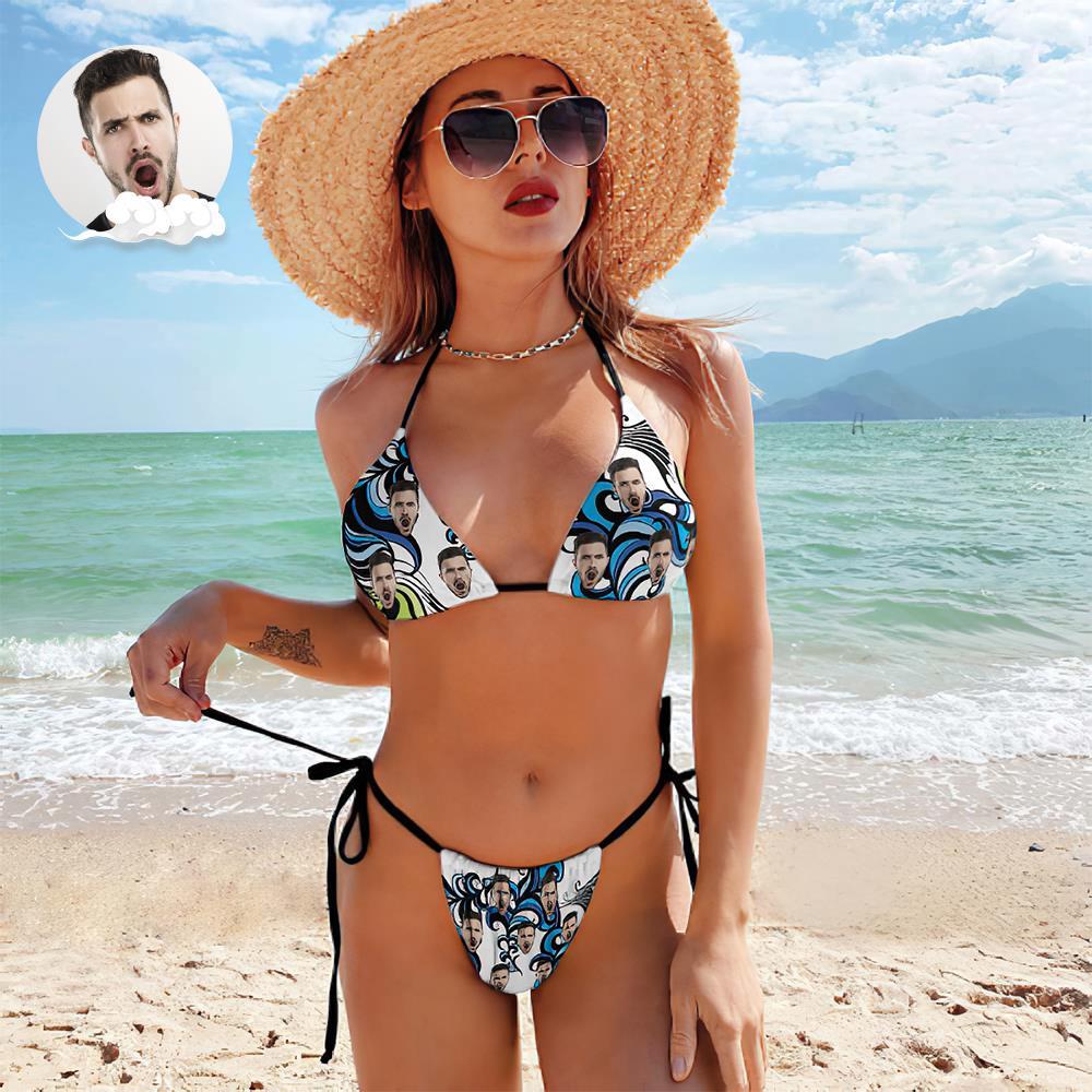 Custom Face Swimming Suit Sexy Strappy Bikini Waves