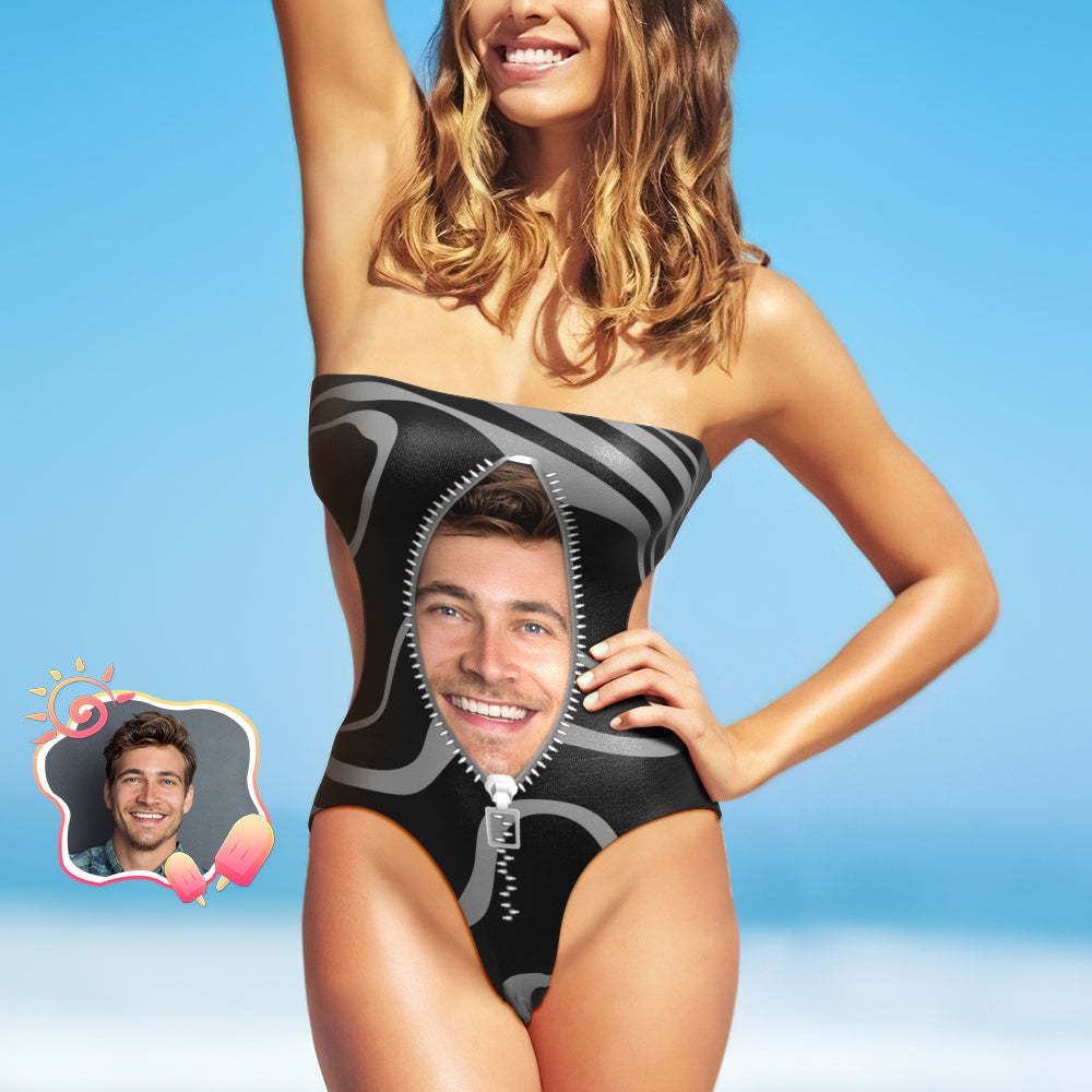 Custom Face Strapless Swimsuit Personalized Zipper Photo Side Cut Out Swimsuit