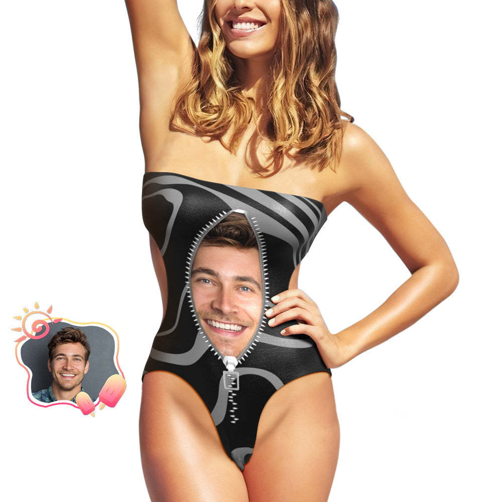 Custom Face Strapless Swimsuit Personalized Zipper Photo Side Cut Out Swimsuit