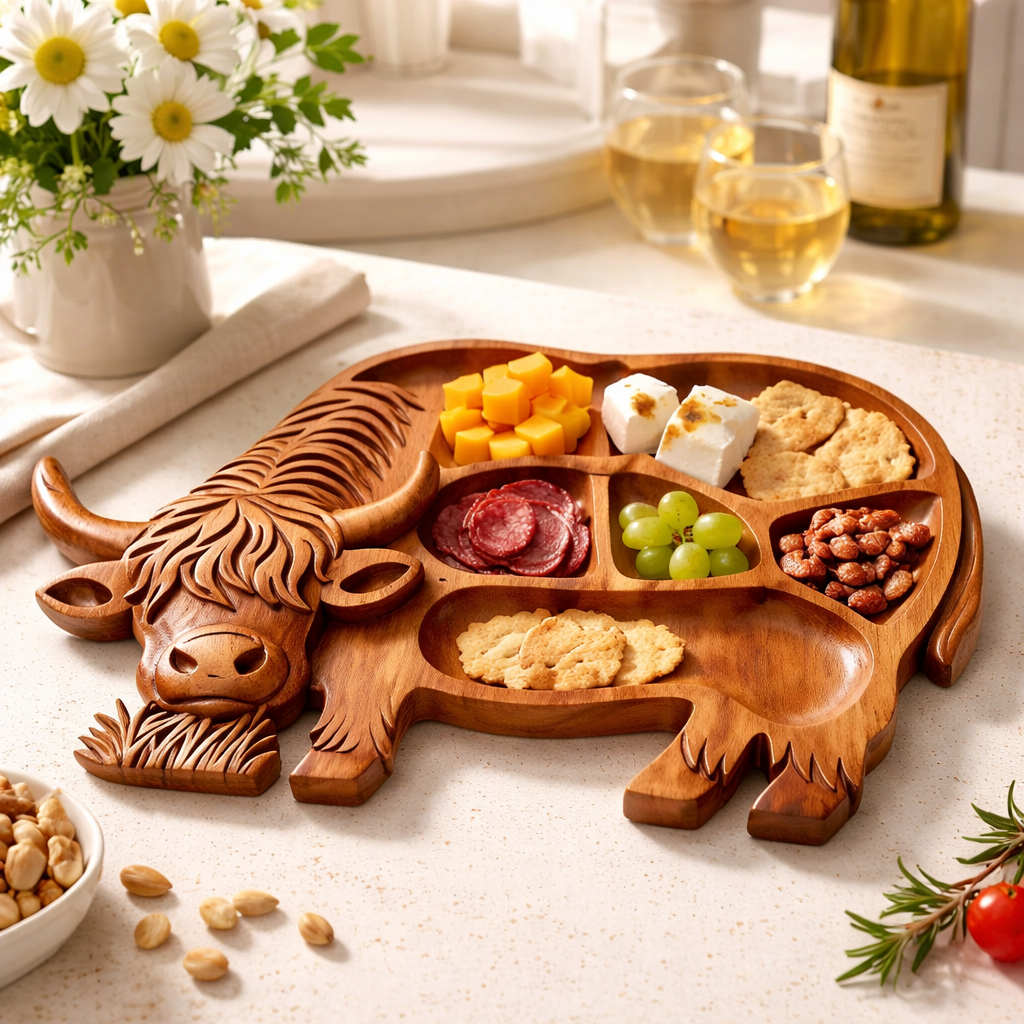 Highland Cow Wooden Charcuterie Board – Rustic Farmhouse Serving Tray – Cow & Heart Shaped Cheese Board