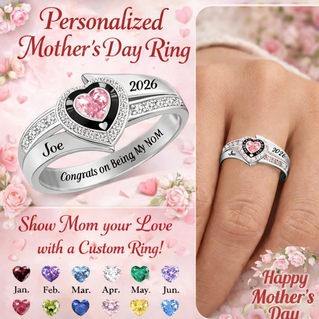 Custom Heart Birthstone Ring for Mom  Engraved Mothers Day Gift from Daughter or Son - SantaSocks