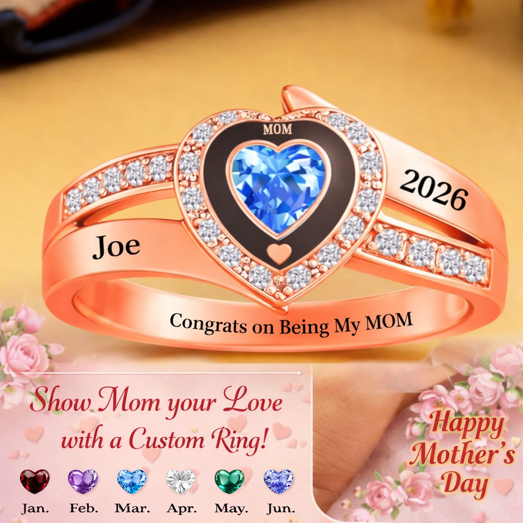 Custom Heart Birthstone Ring for Mom  Engraved Mothers Day Gift from Daughter or Son - SantaSocks