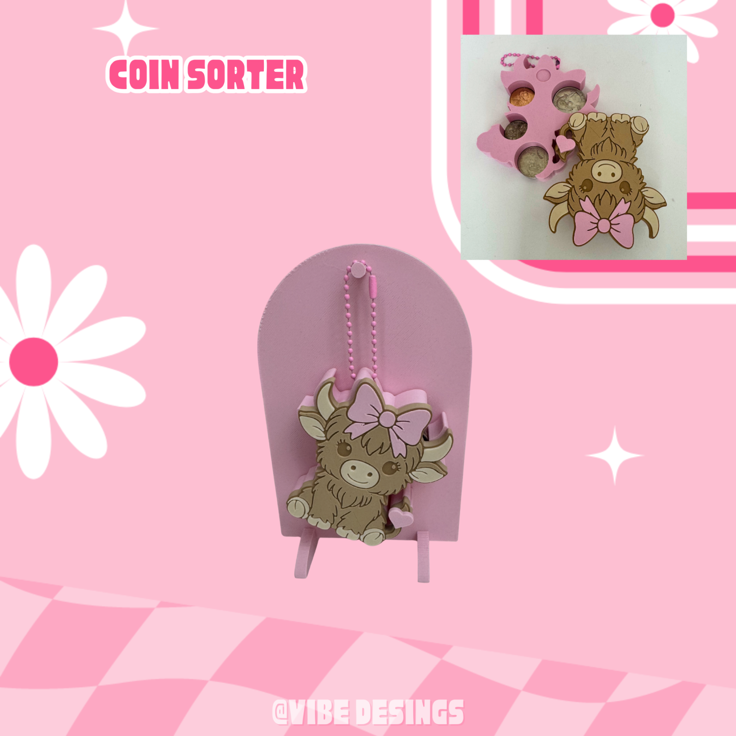 Coquette Highland Coin Sorter Coquette Highland Cow Coin Sorter, Cute Coin Holder Keychain, Pink Bow Cow Coin Organizer, Kawaii Money Sorting Gift for Women & Girls