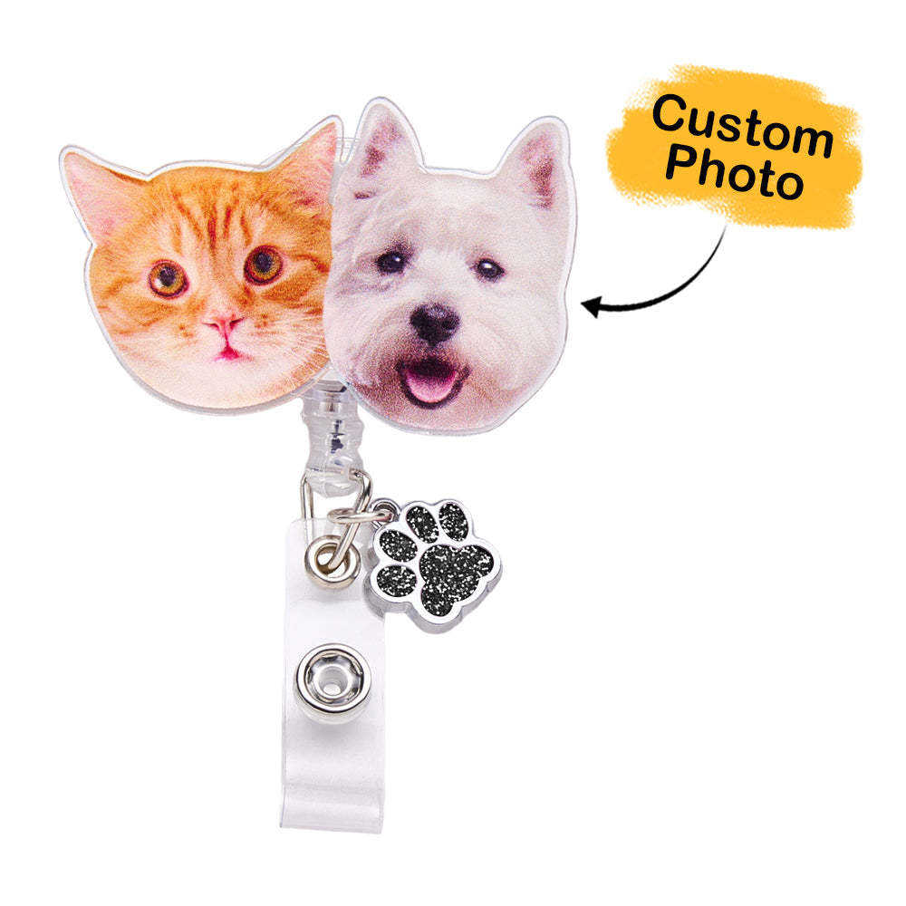 Personalized Pet Portrait Badge Reel with Paw Print Charm Gift for Nurse Pet Lover - SantaSocks